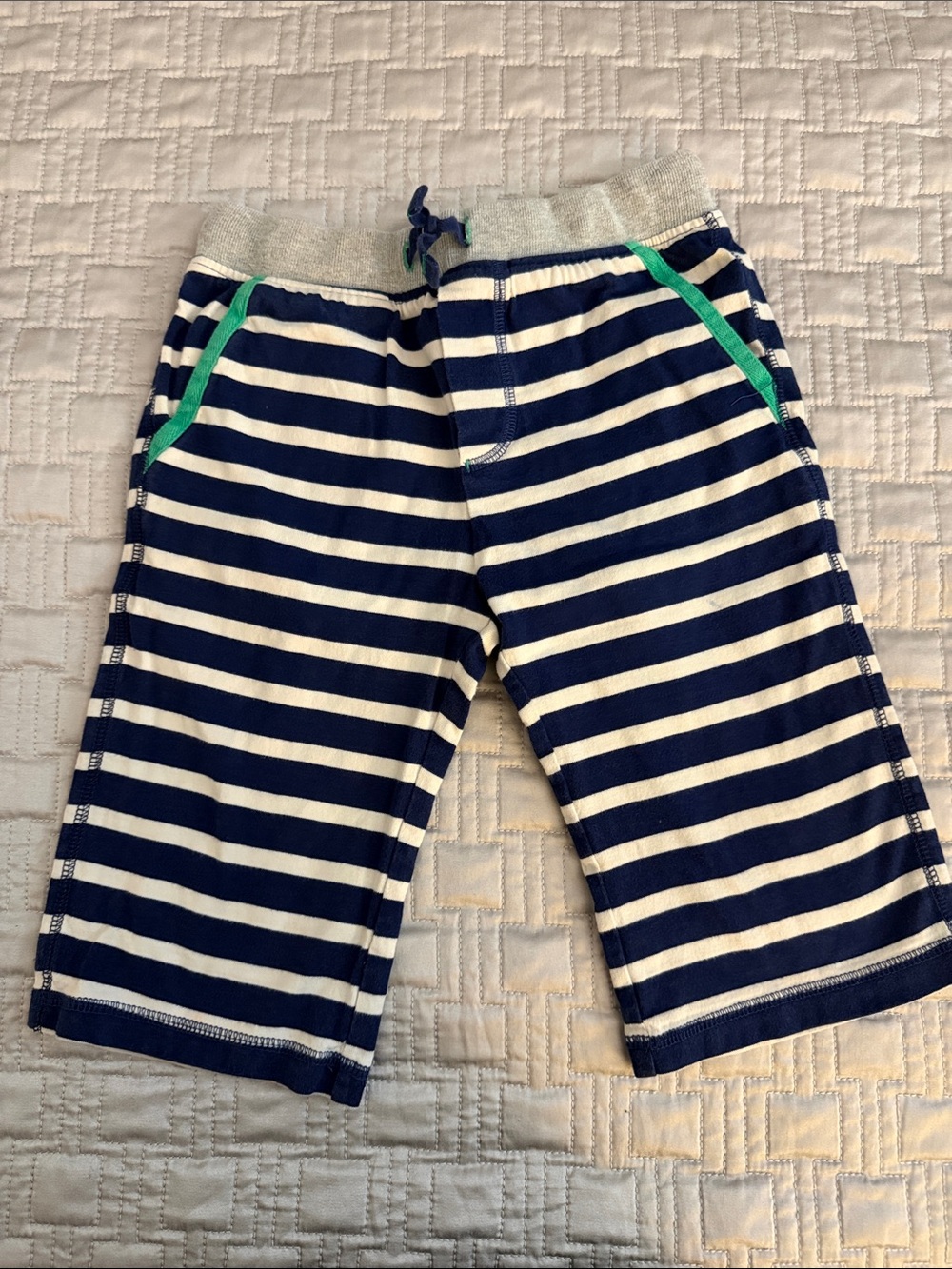 Mini Boden Navy and White Stripe Shorts with Green Trim on Pockets